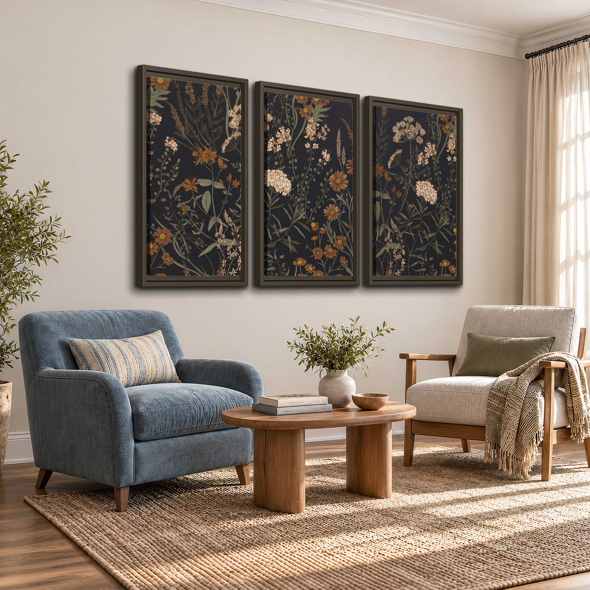 Small cream and rust flowers on a dark botanical background 3 piece framed canvas wall art styled in an interior