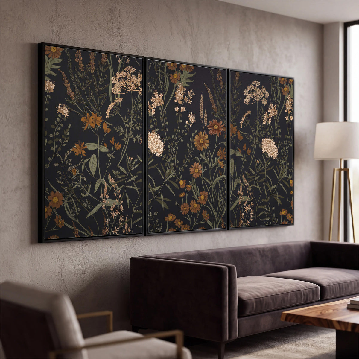 Small cream and rust flowers on a dark botanical background 3 piece framed canvas wall art displayed in a modern living room