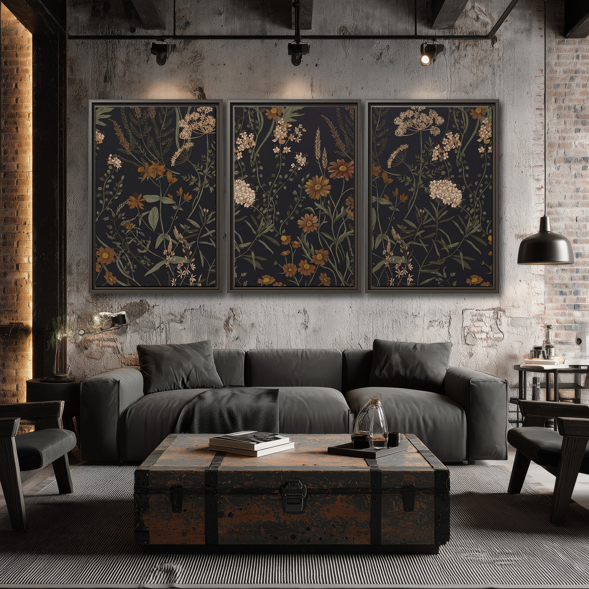 Small cream and rust flowers on a dark botanical background 3 piece framed canvas wall art displayed in a industrial room