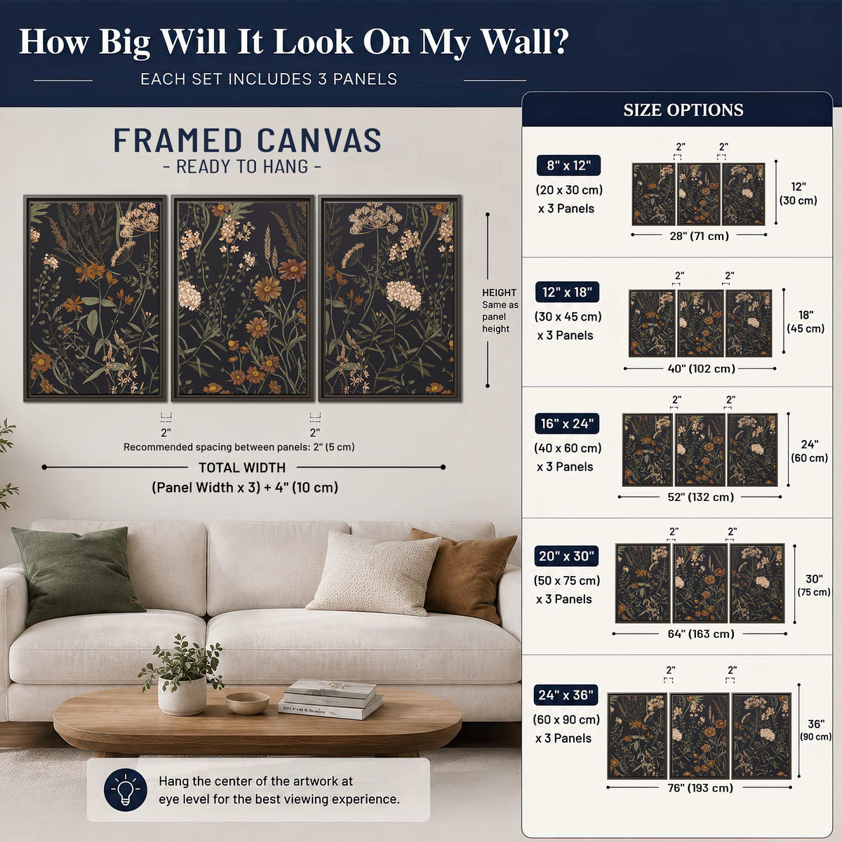 Small cream and rust flowers on a dark botanical background 3 piece framed canvas wall art size guide above a sofa; room view is illustrative