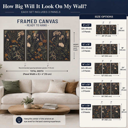 Small cream and rust flowers on a dark botanical background 3 piece framed canvas wall art size guide above a sofa; room view is illustrative
