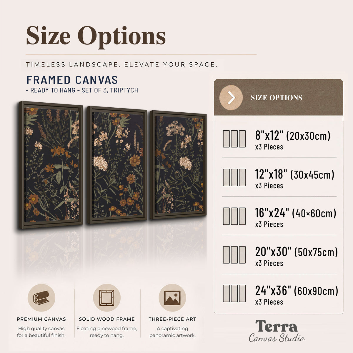 Small cream and rust flowers on a dark botanical background 3 piece framed canvas wall art available dimensions; triptych dimensions are per panel