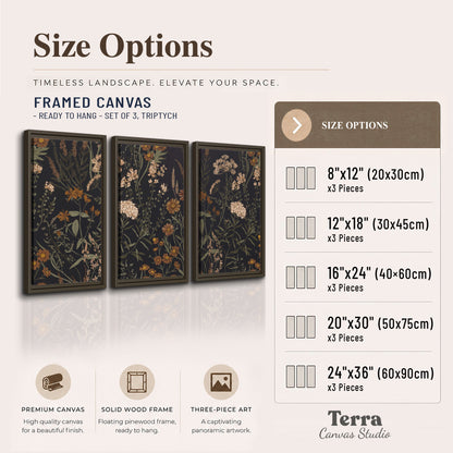 Small cream and rust flowers on a dark botanical background 3 piece framed canvas wall art available dimensions; triptych dimensions are per panel