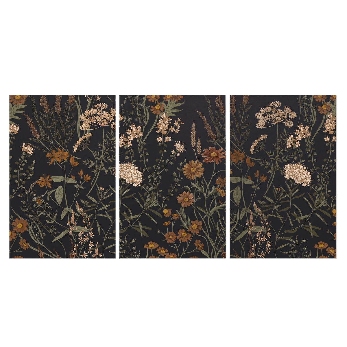 Small cream and rust flowers on a dark botanical background set of 3 poster prints viewed straight on