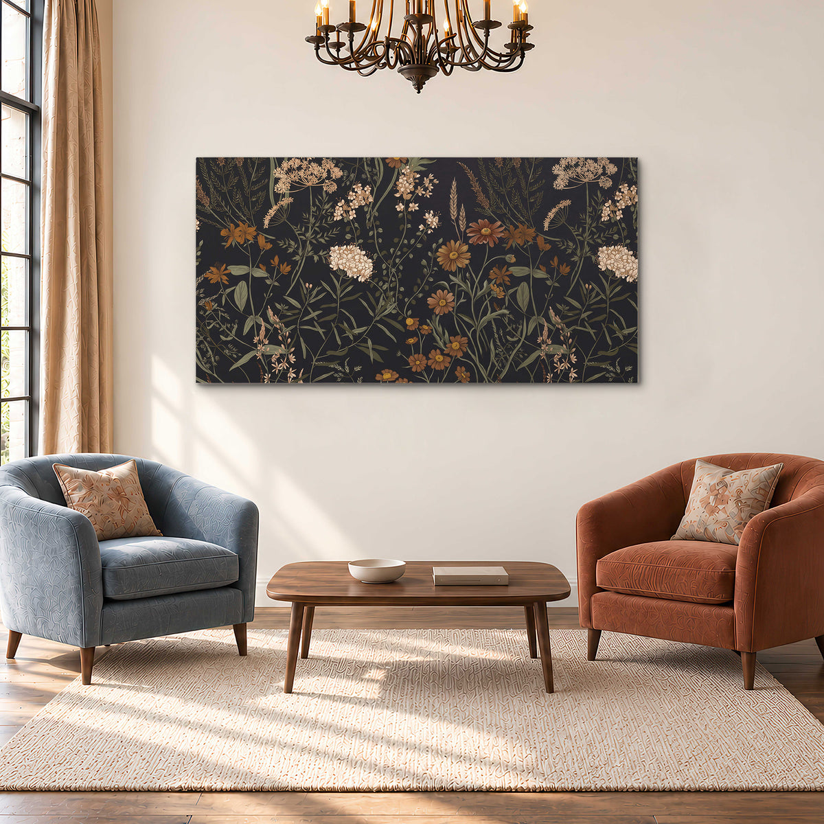 Small cream and rust flowers on a dark botanical background single canvas wall art styled in an interior