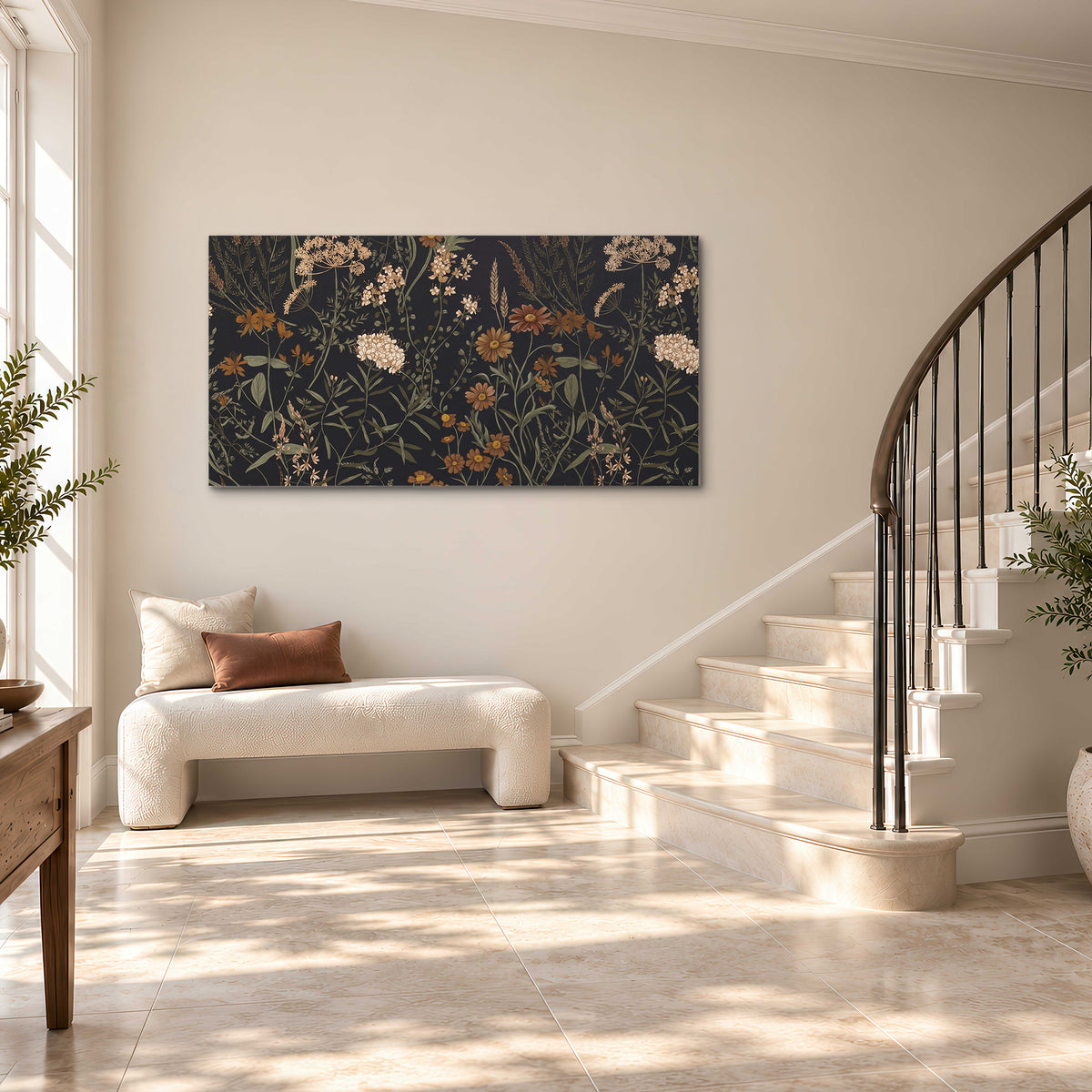 Small cream and rust flowers on a dark botanical background single canvas wall art styled in an interior