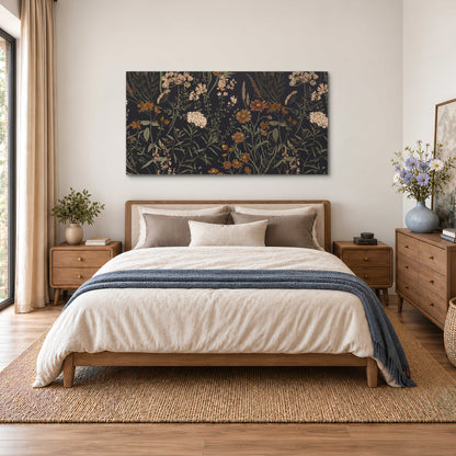 Small cream and rust flowers on a dark botanical background single canvas wall art styled in an interior