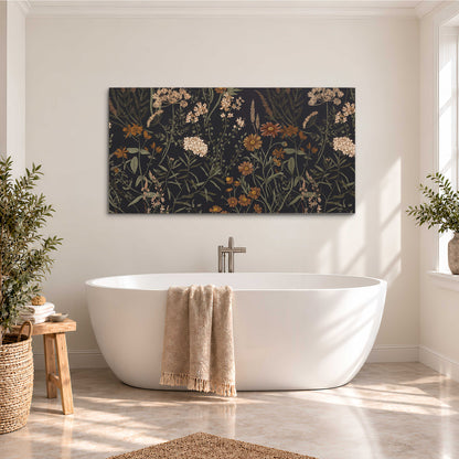 Small cream and rust flowers on a dark botanical background single canvas wall art styled in an interior