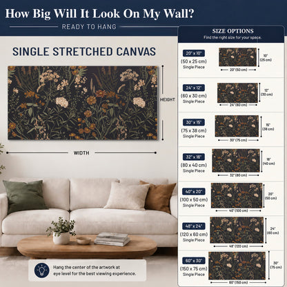 Small cream and rust flowers on a dark botanical background single canvas wall art size guide above a sofa; room view is illustrative