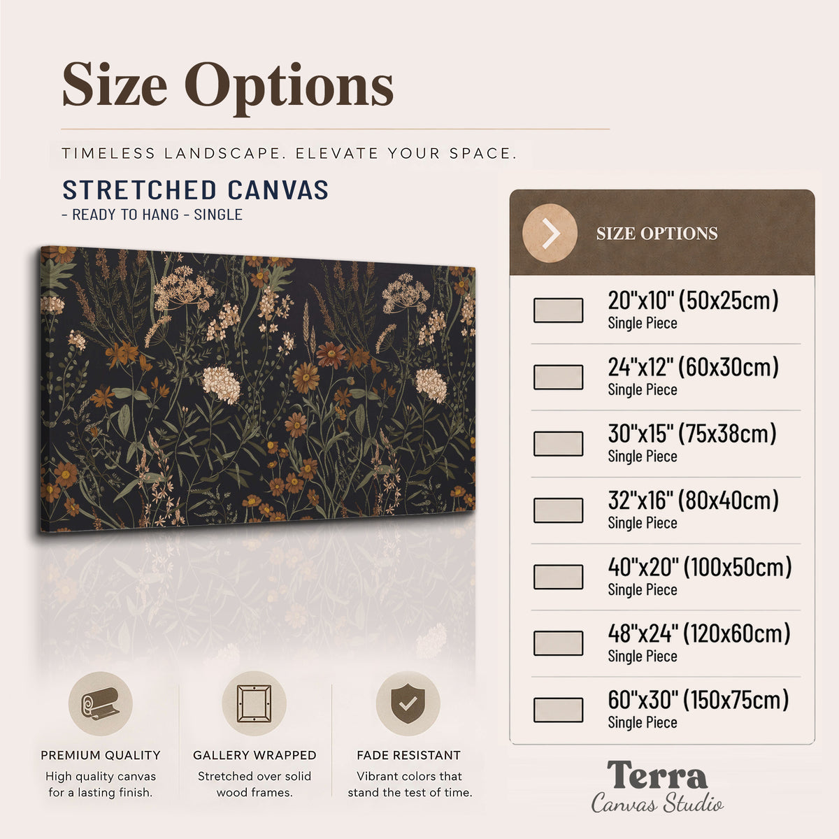 Small cream and rust flowers on a dark botanical background single canvas wall art available dimensions
