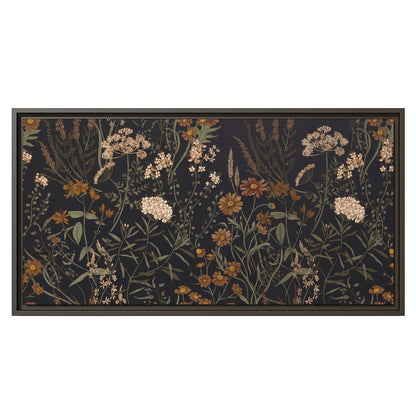 Small cream and rust flowers on a dark botanical background single framed canvas wall art viewed straight on