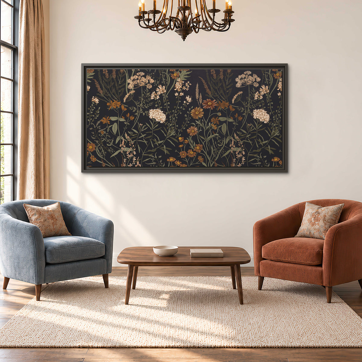 Small cream and rust flowers on a dark botanical background single framed canvas wall art styled in an interior