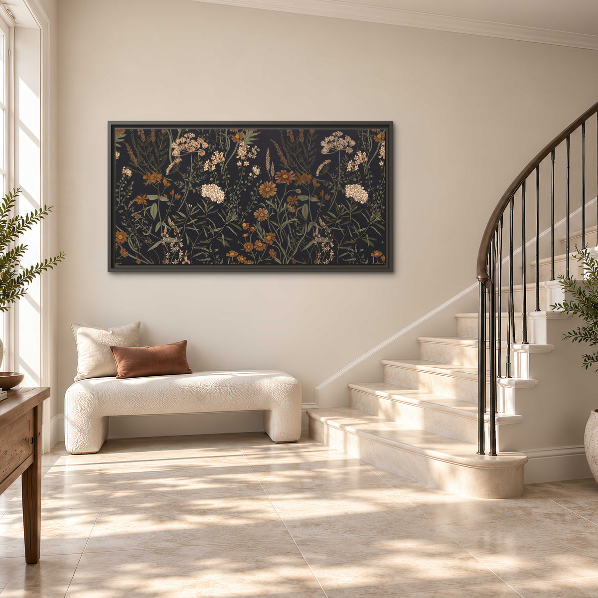 Small cream and rust flowers on a dark botanical background single framed canvas wall art styled in an interior