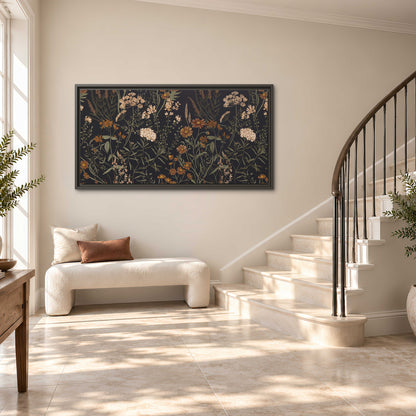 Small cream and rust flowers on a dark botanical background single framed canvas wall art styled in an interior