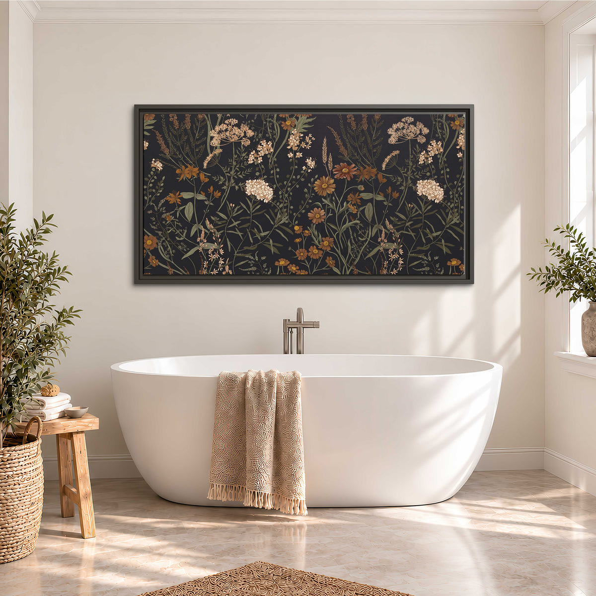 Small cream and rust flowers on a dark botanical background single framed canvas wall art styled in an interior