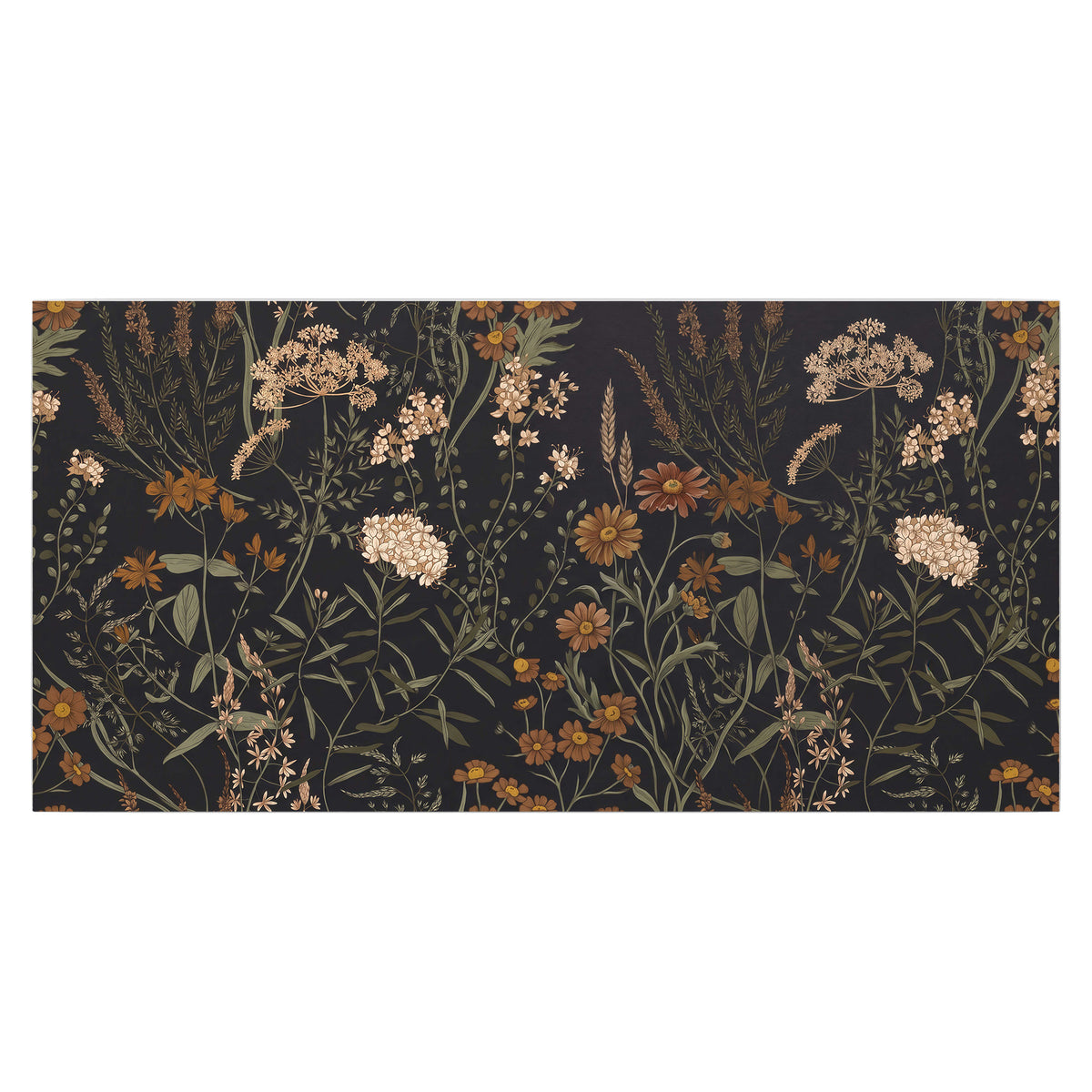 Small cream and rust flowers on a dark botanical background single poster print viewed straight on