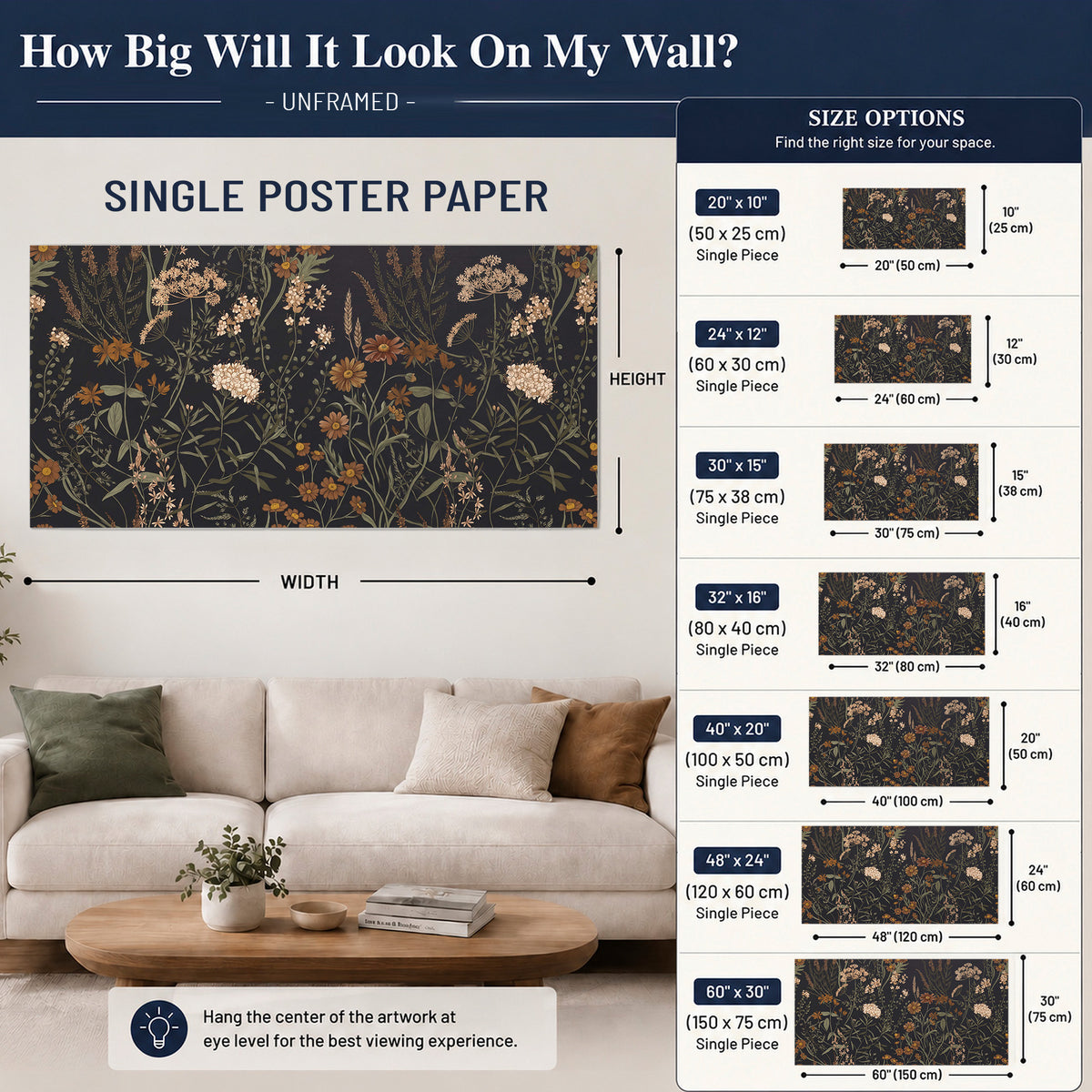 Small cream and rust flowers on a dark botanical background single poster print size guide above a sofa; room view is illustrative