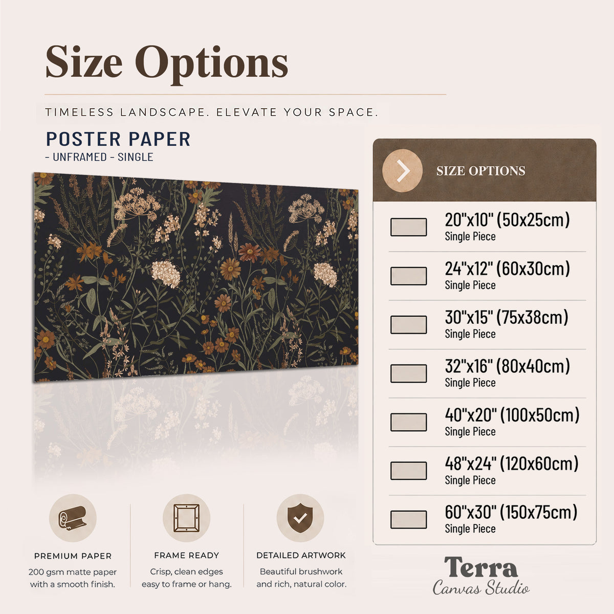Small cream and rust flowers on a dark botanical background single poster print available dimensions