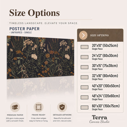 Small cream and rust flowers on a dark botanical background single poster print available dimensions