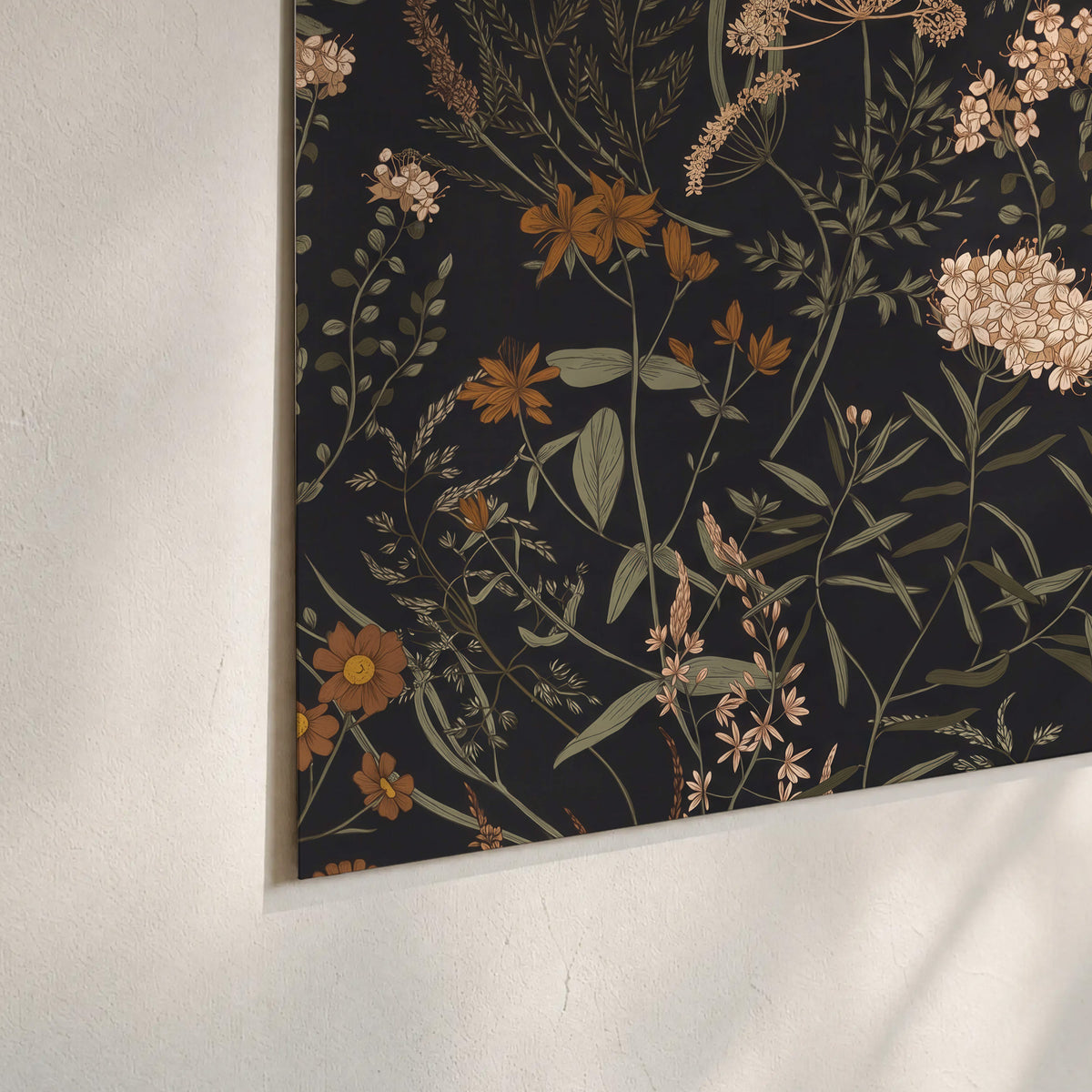 Small cream and rust flowers on a dark botanical background set of 3 poster prints material and edge close up