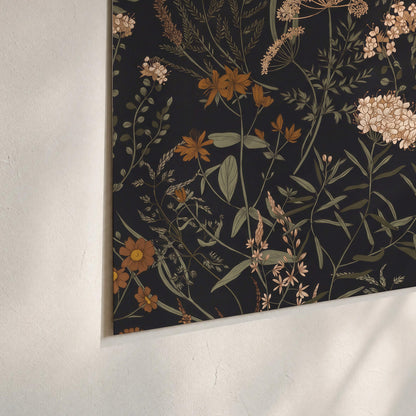 Small cream and rust flowers on a dark botanical background set of 3 poster prints material and edge close up