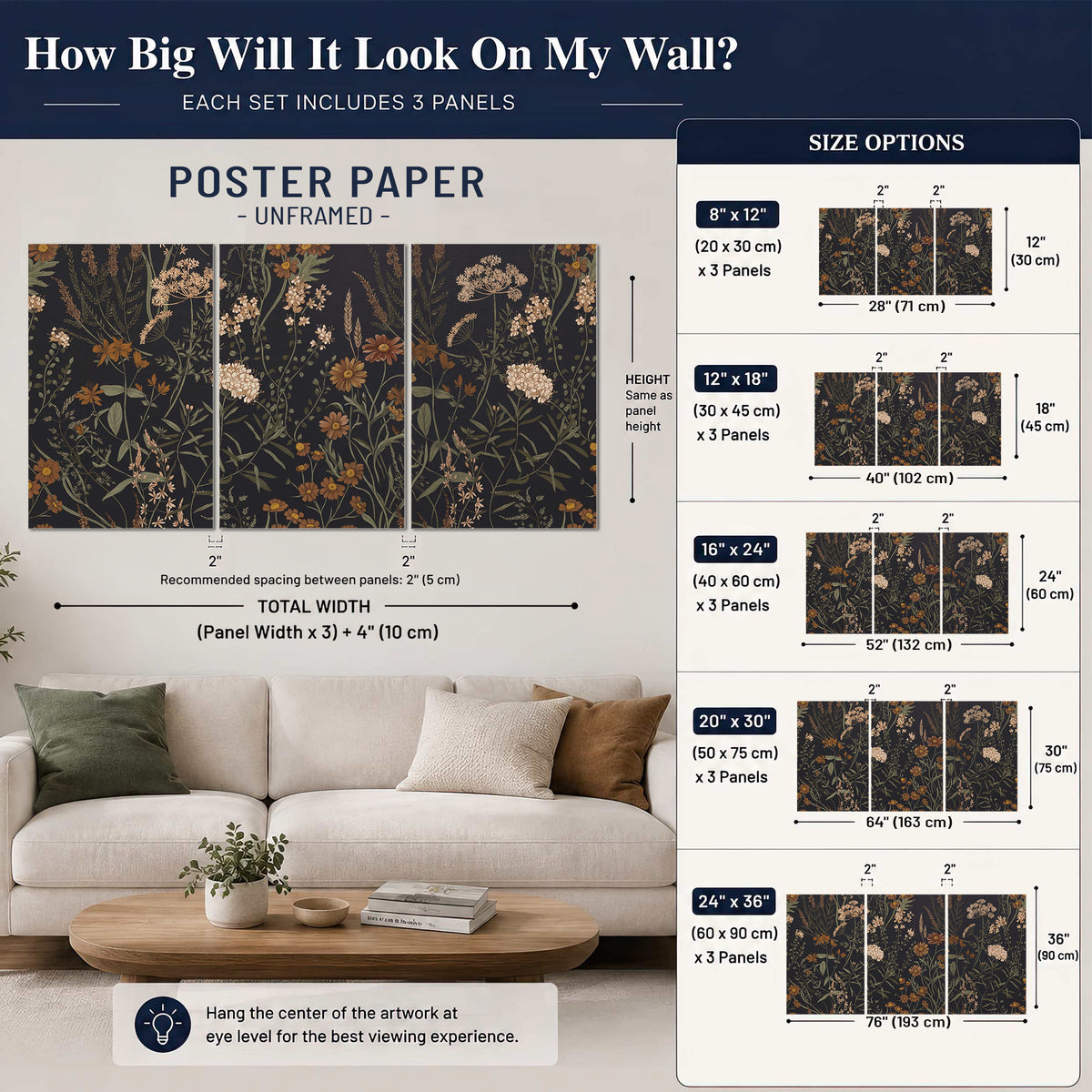 Small cream and rust flowers on a dark botanical background set of 3 poster prints size guide above a sofa; room view is illustrative