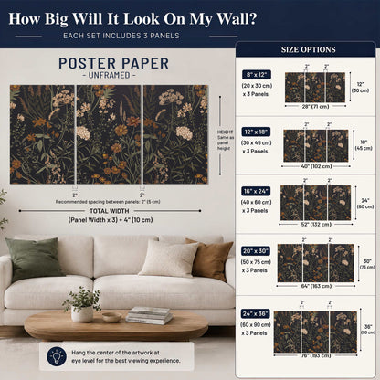Small cream and rust flowers on a dark botanical background set of 3 poster prints size guide above a sofa; room view is illustrative
