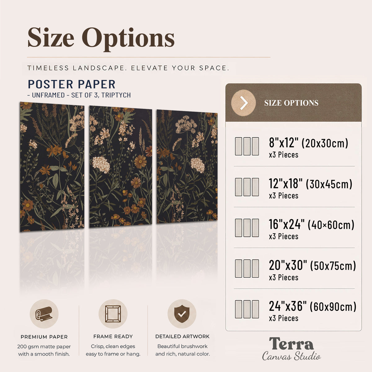 Small cream and rust flowers on a dark botanical background set of 3 poster prints available dimensions; triptych dimensions are per panel