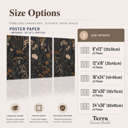 Small cream and rust flowers on a dark botanical background set of 3 poster prints available dimensions; triptych dimensions are per panel