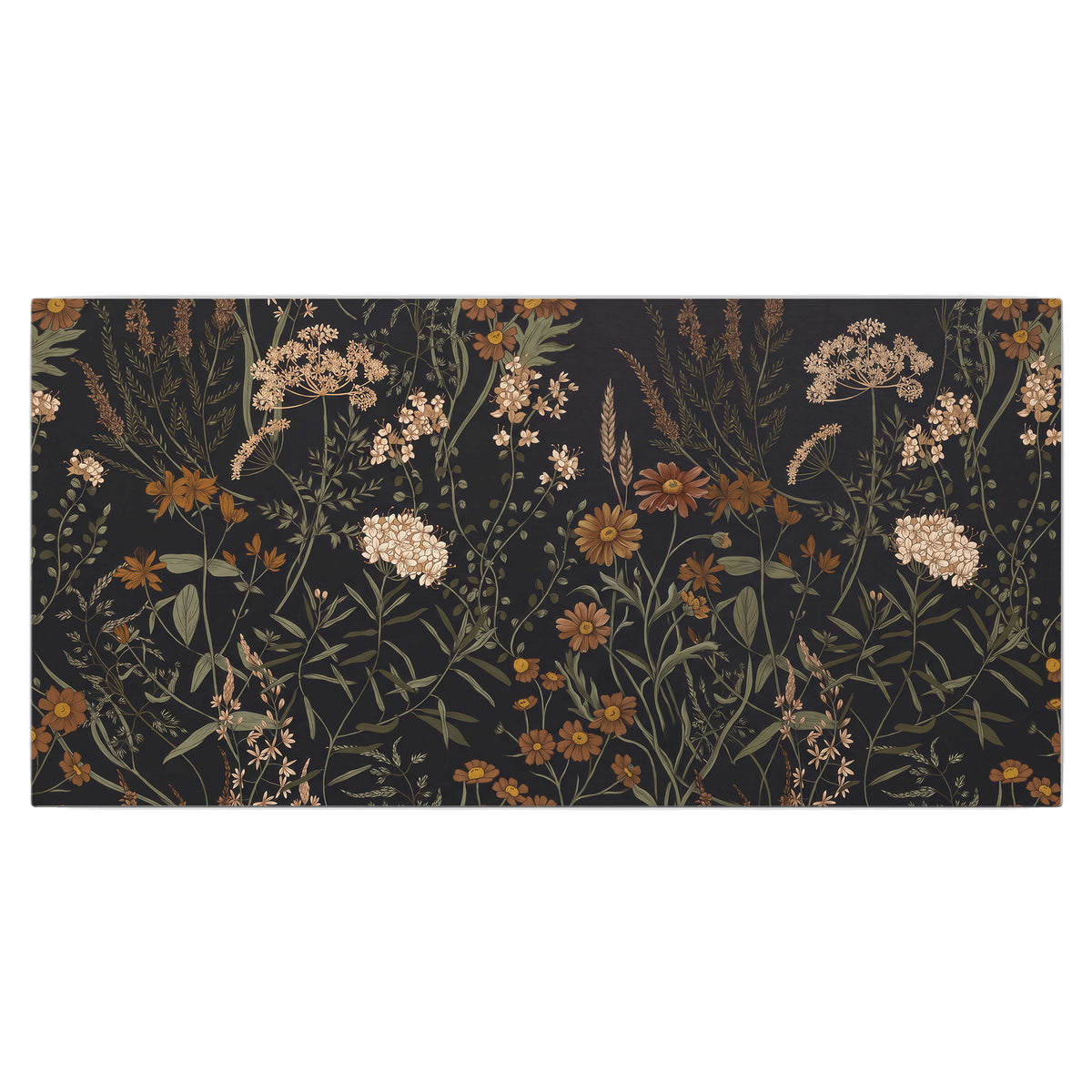 Small cream and rust flowers on a dark botanical background single canvas wall art viewed straight on