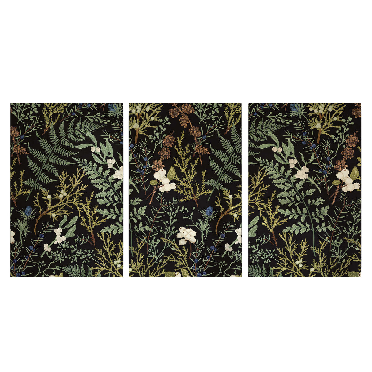 Fine green ferns and cream flowers on a black background 3 piece canvas wall art viewed straight on