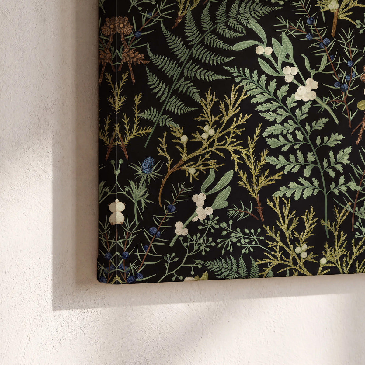 Fine green ferns and cream flowers on a black background 3 piece canvas wall art material and edge close up