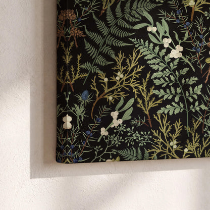 Fine green ferns and cream flowers on a black background 3 piece canvas wall art material and edge close up
