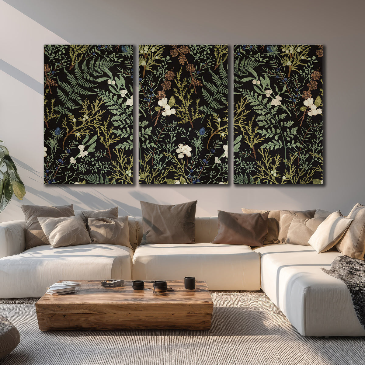Fine green ferns and cream flowers on a black background 3 piece canvas wall art displayed in a living room