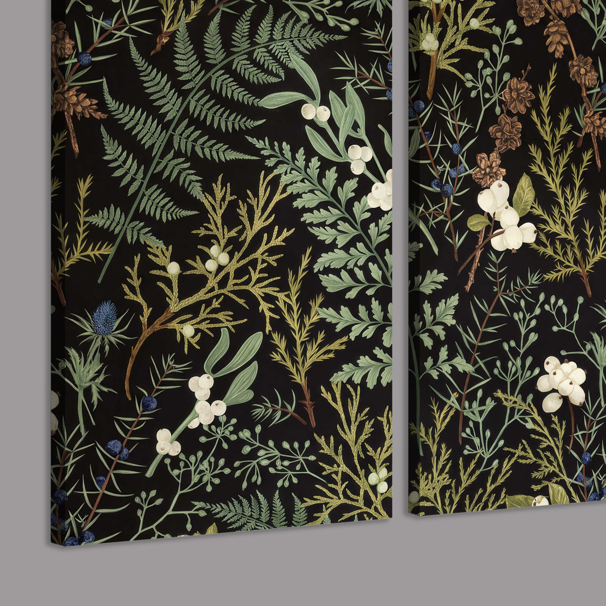 Fine green ferns and cream flowers on a black background 3 piece canvas wall art room and product view
