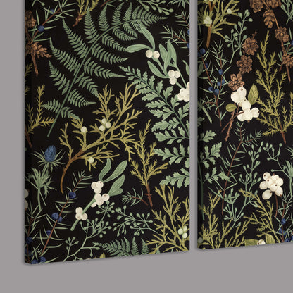 Fine green ferns and cream flowers on a black background 3 piece canvas wall art room and product view