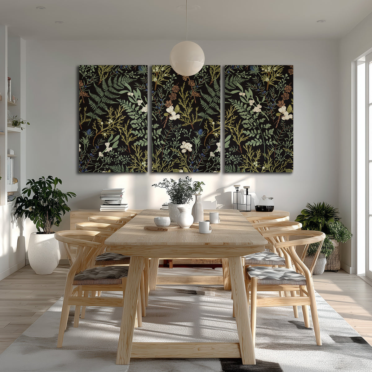 Fine green ferns and cream flowers on a black background 3 piece canvas wall art room and product view