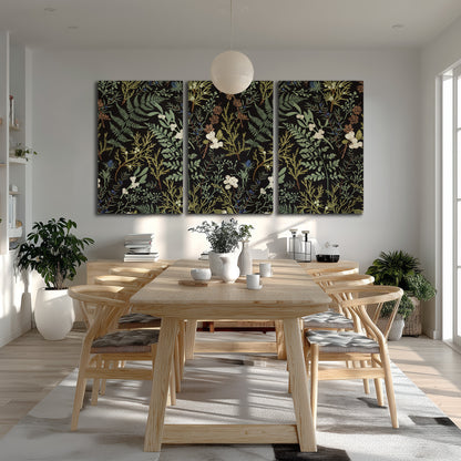 Fine green ferns and cream flowers on a black background 3 piece canvas wall art room and product view