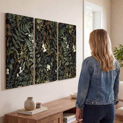 Fine green ferns and cream flowers on a black background 3 piece canvas wall art three panel arrangement on a wall