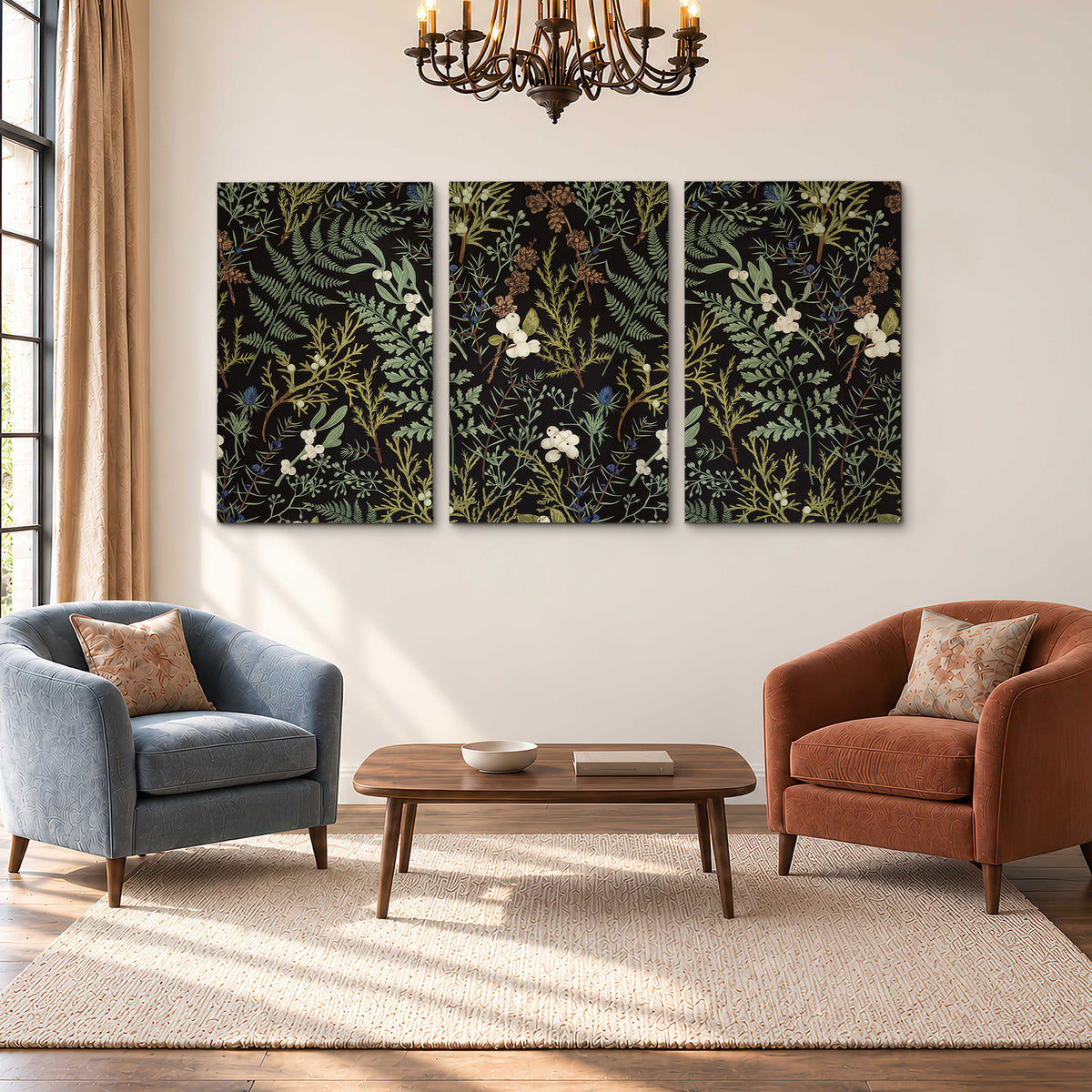 Fine green ferns and cream flowers on a black background 3 piece canvas wall art styled in an interior