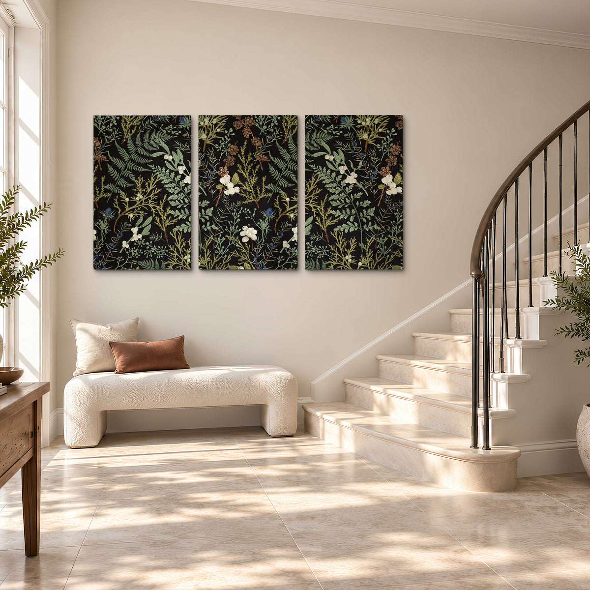 Fine green ferns and cream flowers on a black background 3 piece canvas wall art styled in an interior