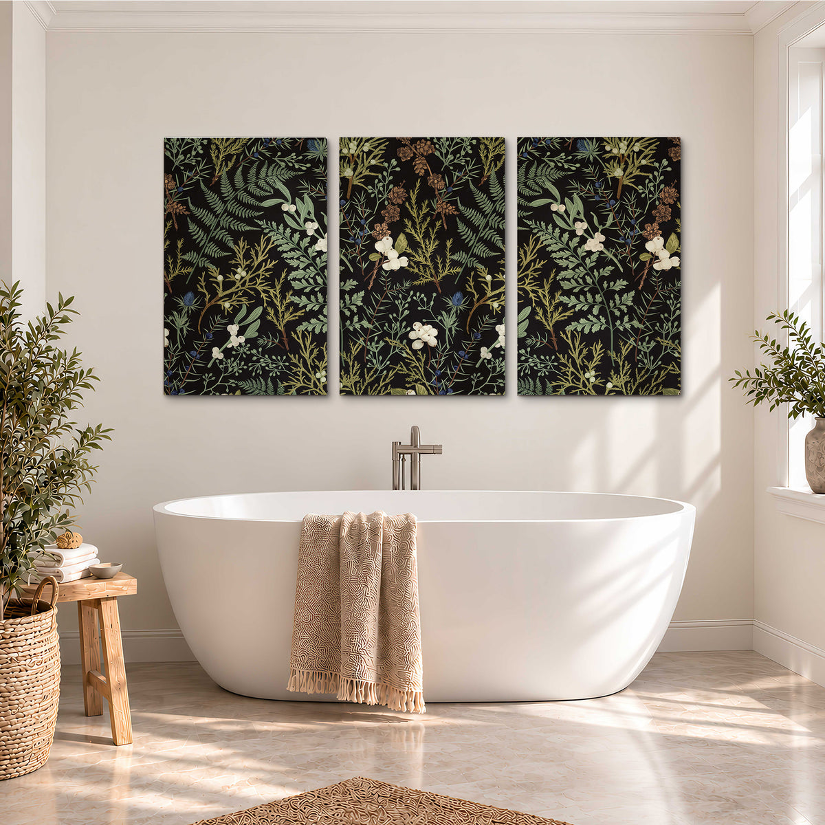 Fine green ferns and cream flowers on a black background 3 piece canvas wall art styled in an interior