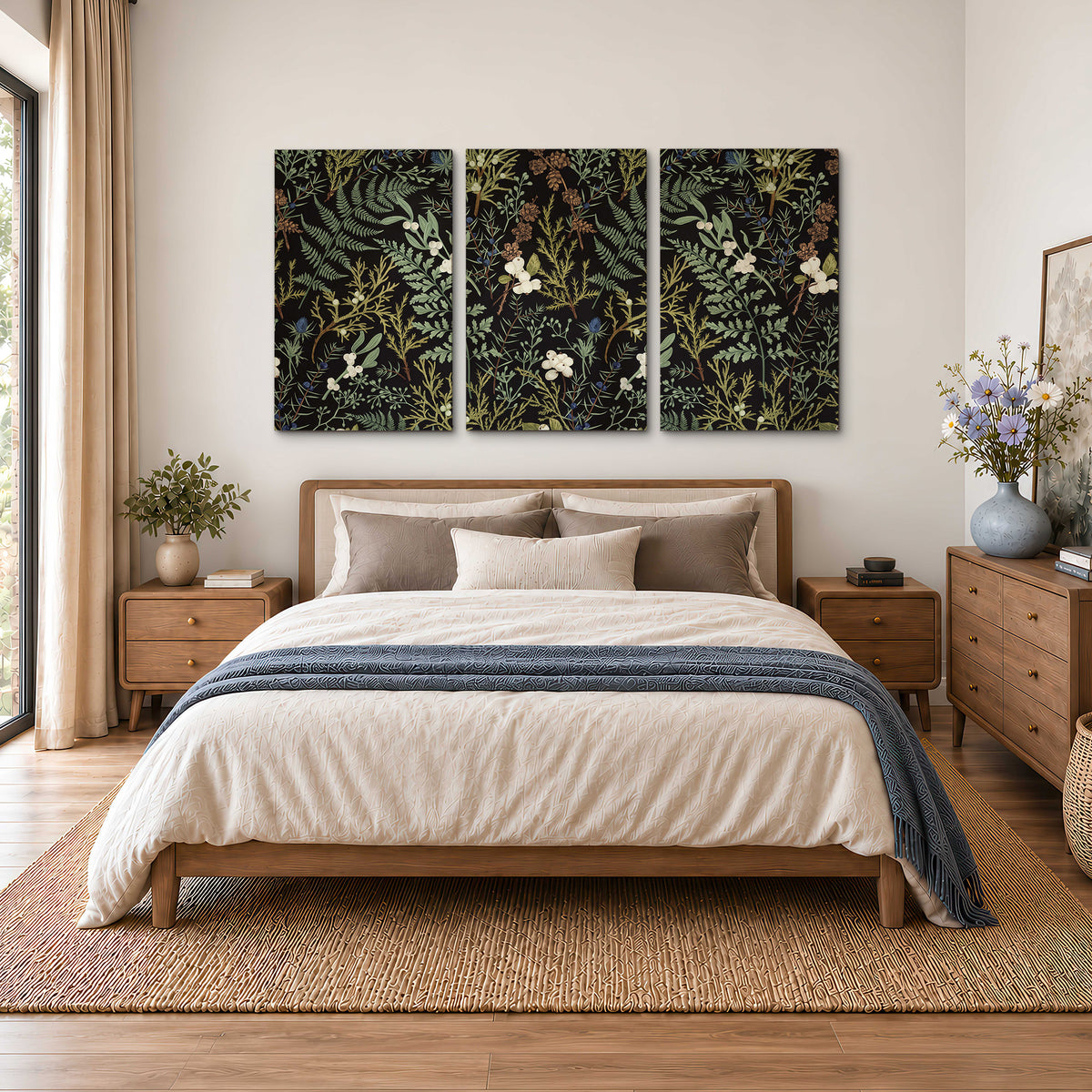 Fine green ferns and cream flowers on a black background 3 piece canvas wall art styled in an interior