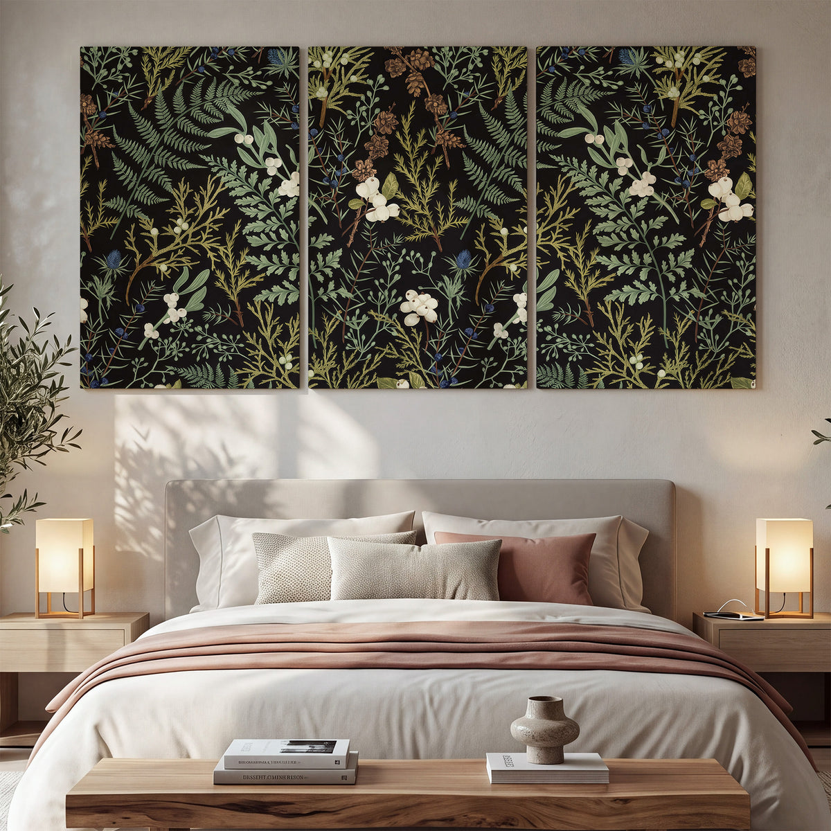 Fine green ferns and cream flowers on a black background 3 piece canvas wall art displayed in a bedroom