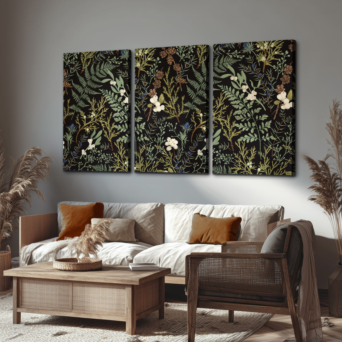 Fine green ferns and cream flowers on a black background 3 piece canvas wall art displayed in a rustic living room