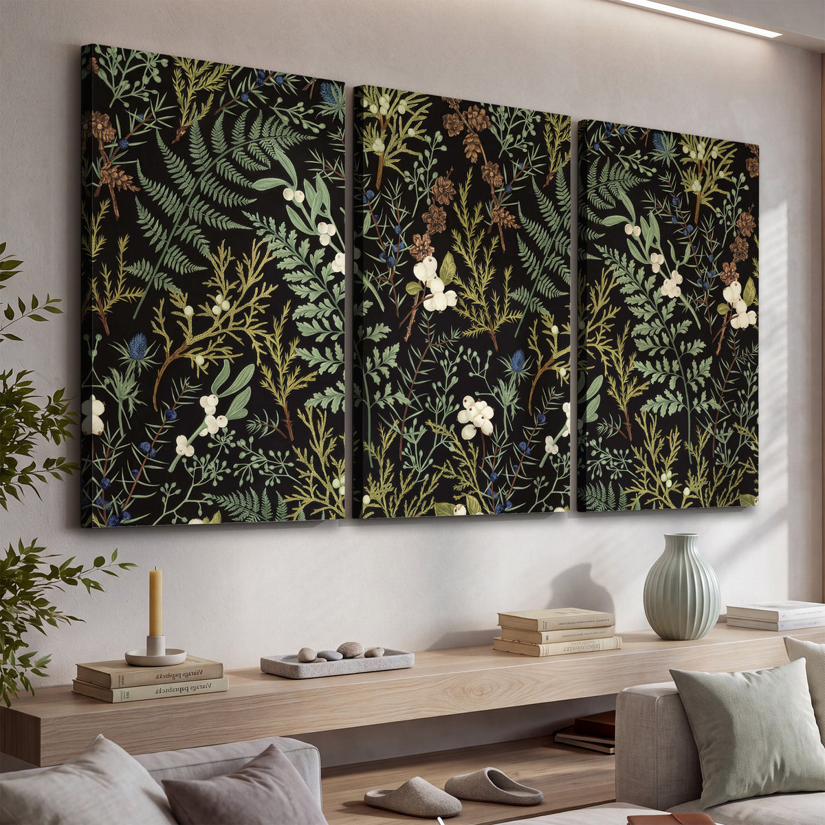 Fine green ferns and cream flowers on a black background 3 piece canvas wall art displayed in a console