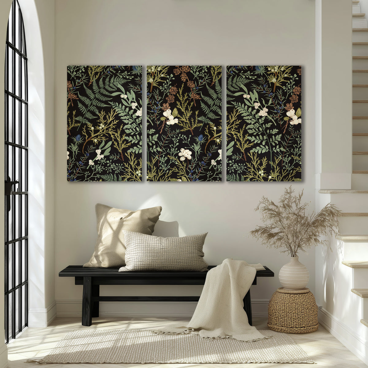 Fine green ferns and cream flowers on a black background 3 piece canvas wall art displayed in a entryway
