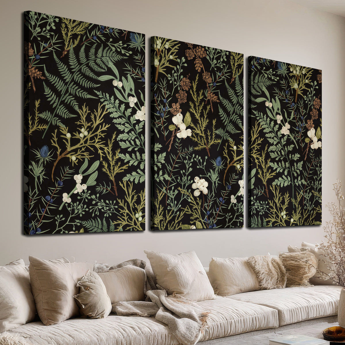 Fine green ferns and cream flowers on a black background 3 piece canvas wall art room and product view