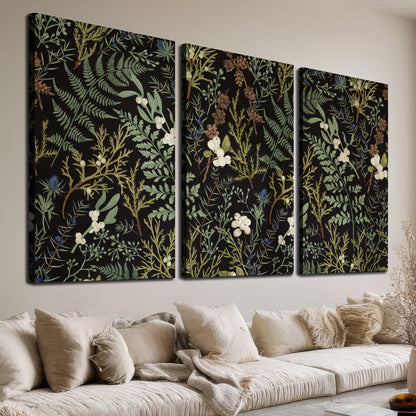 Fine green ferns and cream flowers on a black background 3 piece canvas wall art room and product view