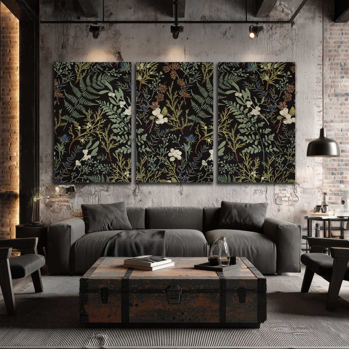Fine green ferns and cream flowers on a black background 3 piece canvas wall art displayed in a industrial room